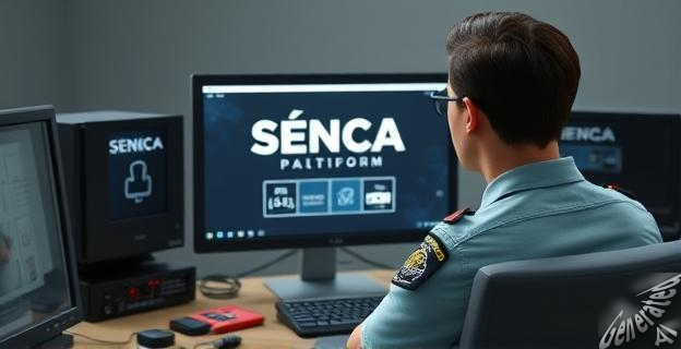 Un hombre frente a una computadora con una pantalla de la plataforma Séneca, rodeado de policías y equipos informáticos incautados.