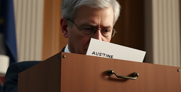 Imagen de una figura política en un segundo plano, con un gran archivo o 