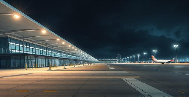 Imagen de un aeropuerto moderno y concurrido con luces brillantes por la noche, sin personas visibles, con una pista de aterrizaje desierta y un sari rojo colgado en una estructura en la distancia, bajo un cielo oscuro y tormentoso.