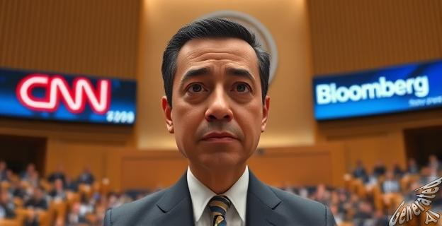 Imagen de Pedro Sánchez en la Asamblea General de la ONU con una expresión seria, mientras en el fondo se ven pancartas de CNN y Bloomberg