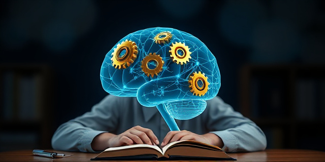 Una imagen de una persona estudiando con un cerebro translúcido que muestra engranajes de luz dorada y redes neuronales cian, simbolizando la integración del tiempo en el aprendizaje
