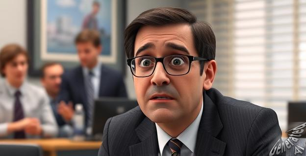Una imagen de Steve Carell caracterizado como Michael Scott en The Office, con una expresión de confusión y desesperación mientras habla con el equipo del documental.