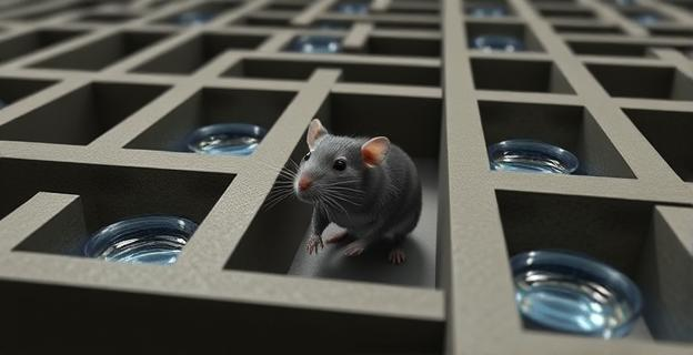 Imagen de una rata en un laberinto con señales sonoras y recompensas de agua, ilustrando el proceso de aprendizaje por refuerzo