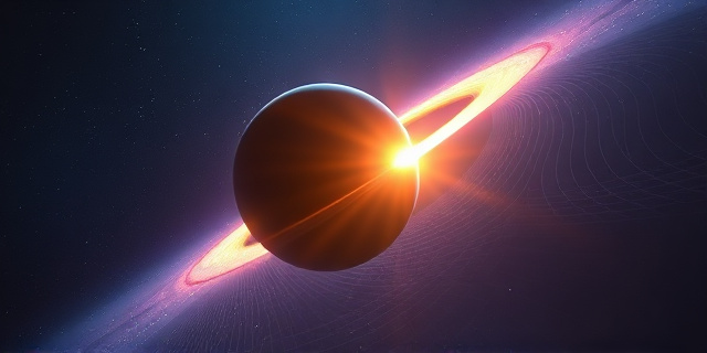 Una ilustración conceptual y surrealista que muestra la curvatura del espacio-tiempo como una malla de tela elástica brillante en el vacío del cosmos. Una esfera planetaria masiva y oscura actúa como una lupa, deformando y amplificando la luz de una estrella distante que se encuentra detrás, creando un efecto de anillo luminoso y distorsionado. Estilo cinematográfico, colores azul profundo, violeta y destellos dorados, alta resolución, atmósfera científica y misteriosa.