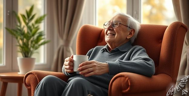 Una persona mayor sentada en un sillón con una taza de café en la mano, mirando por la ventana con una expresión de tranquilidad y felicidad.