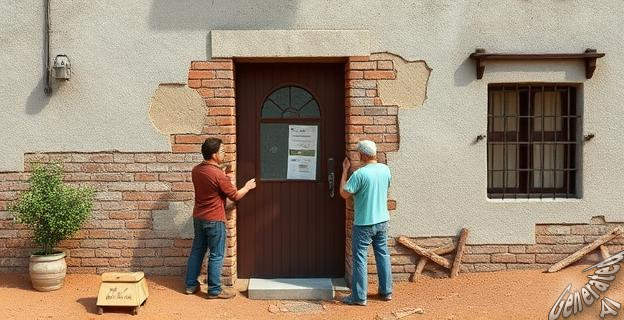 Un grupo de personas trabajando juntas para tapiar la puerta de una casa okupada en un pueblo de Murcia