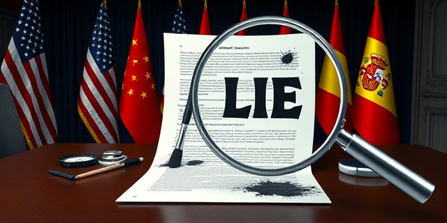 Una ilustración conceptual y satírica. Un escritorio diplomático oscuro con una bandera de EEUU y España al fondo. Sobre la mesa, un documento oficial donde las letras se transforman en maquillaje y pinceles que intentan borrar manchas de tinta negra. Una lupa gigante revela la palabra 