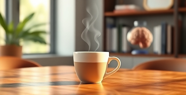 Una taza de café humeante sobre una mesa de madera, con un ligero resplandor que sugiere calidez y comodidad. Al fondo, una estantería con libros de medicina y un cerebro humano en un frasco, simbolizando la conexión entre el café y la salud cerebral.