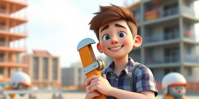 Una imagen de una persona joven con una herramienta de trabajo en la mano, con un fondo de una obra en construcción. La persona joven tiene una sonrisa en el rostro, pero en el fondo, se puede ver una sombra de duda y incertidumbre.