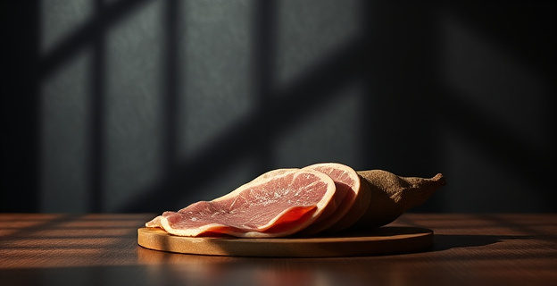 Una imagen conceptual que represente un jamón ibérico cortado sobre una mesa con un ambiente tenso y polarizado al fondo, con sombras que sugieren división y exclusión. No hay personas en la imagen.