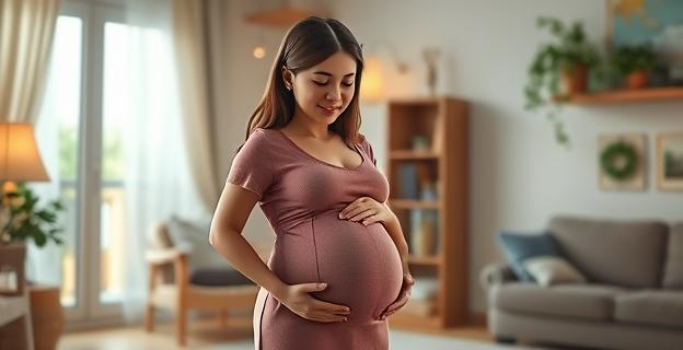 Imagen de una madre embarazada en un entorno hogareño acogedor, con una expresión de paz y serenidad, sin elementos que sugieran perfección o presión social.