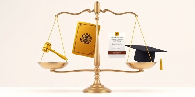 Una ilustración satírica de estilo editorial. Un pasaporte dorado flotando sobre una balanza donde en un plato hay un mazo de juez y en el otro una invitación elegante de gala y un birrete de graduación. Fondo minimalista con colores institucionales contrastados, estilo dibujo de prensa sofisticado.