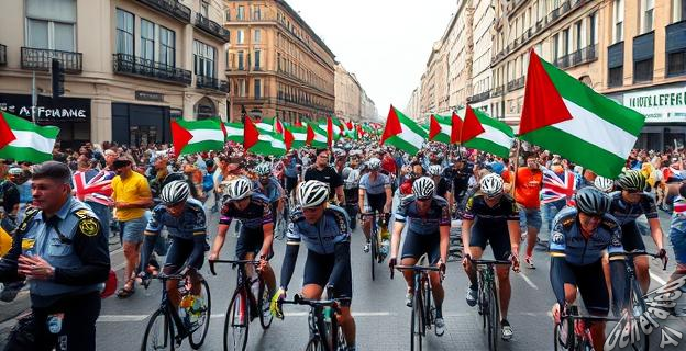 Imagen de ciclistas de la Vuelta Ciclista a España rodeados de manifestantes con banderas palestinas en el centro de Madrid, con agentes de policía en el lugar.