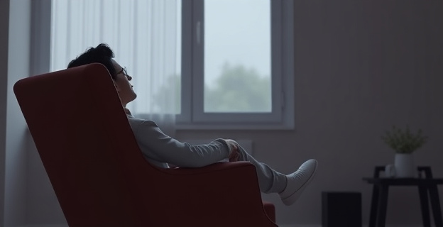 Una persona sentada en un sillón, mirando por la ventana con expresión serena, sin pantallas ni objetos distractores alrededor, simbolizando el descanso y la desconexión en un entorno minimalista.