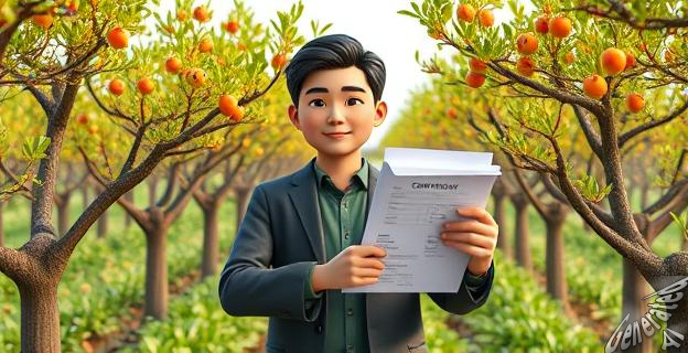 Un hombre en un campo de mandarinas con árboles injertados al fondo, mostrando documentos de contratos y facturas en la mano