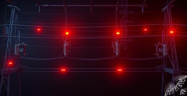 Una red eléctrica con variaciones bruscas de tensión, con un fondo oscuro y luces de advertencia intermitentes