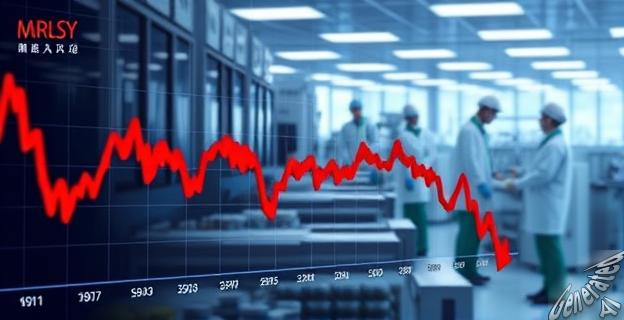 Gráfico de bolsa con acciones de Novo Nordisk en caída, al fondo una fábrica de medicamentos con obreros.