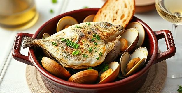 Una cazuela de barro con merluza en salsa verde y almejas frescas, decorada con perejil picado y servida con pan artesanal y un vaso de vino blanco al lado