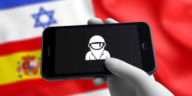 Una imagen de un teléfono móvil con un software de espionaje instalado, con un fondo de banderas de España, Israel y Marruecos.