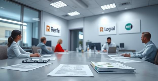 Oficina con papeles y personas trabajando en un entorno corporativo con logotipos de Renfe y Logirail visibles en la pared y en documentos sobre una mesa de reuniones