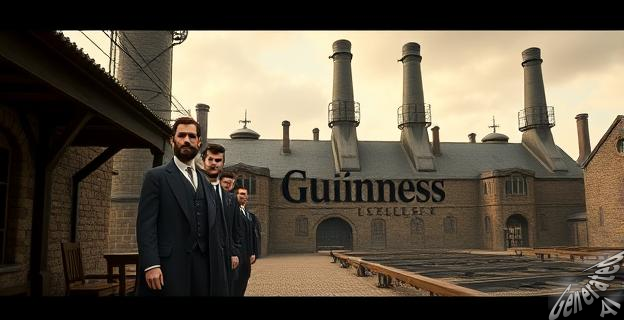 Una imagen de la destilería Guinness en el siglo XIX con la familia Guinness en primer plano.