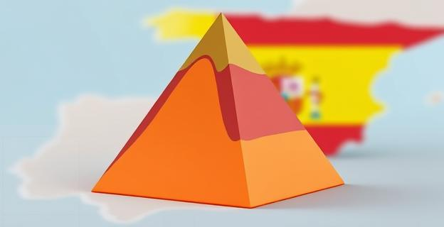 Una pirámide poblacional con una base ancha y una zona intermedia ensanchada, representando la población inmigrante en edad laboral, con un fondo de un mapa de España