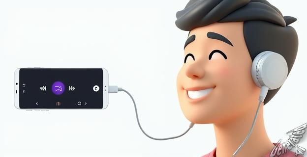 Una persona con auriculares cableados conectados a un móvil mediante un adaptador USB-C, escuchando música con una expresión de satisfacción.