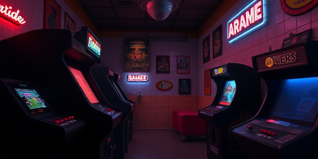 Una sala de juegos de los años 80 con una máquina de arcade negra, luces de neón parpadeantes y sombras que se extienden a lo largo de la pared. El ambiente es nostálgico, con carteles de juegos clásicos y una vibra de misterio, sin rostros humanos visibles.
