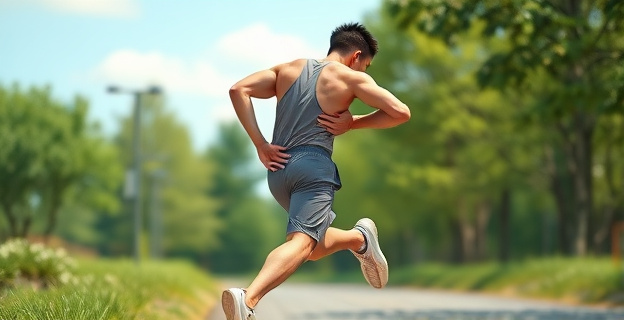 Imagen de una persona corriendo con una mano en el costado, indicando dolor o molestia, en un entorno natural con árboles y cielo despejado.