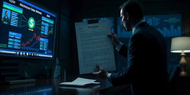 
  Una escena en un despacho oscuro de Wall Street: un abogado con traje impecable sostiene un documento judicial gigante mientras, en una pantalla de ordenador, se ven gráficos de flujos de dinero en dólares con rutas que conectan Madrid, Nueva York y bancos internacionales. Al fondo, una figura borrosa de un político con corbata (sin rostro) intenta esconder un sobre de dinero bajo la mesa, mientras una mano gigante (la de la FED) alcanza para agarrarlo. Estilo: cine negro con toques de distopía financiera, colores fríos (azules, grises metálicos) y luces neón que iluminan solo los números. Sin rostros reconocibles, solo siluetas y sombras que sugieren poder corporativo.