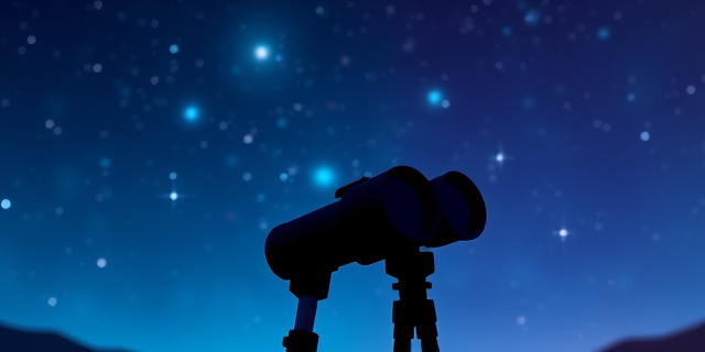 Una vista abstracta de un cielo nocturno estrellado con una paleta de colores azul profundo y morado. Destellos de luz representan estrellas y nebulosas. En primer plano, una silueta oscura y estilizada de unos binoculares, ligeramente inclinados, sugiriendo la dificultad de la observación. El estilo artístico debe ser impresionista, con pinceladas sueltas y una atmósfera onírica.