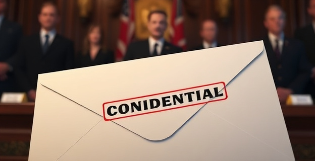 Una escena que muestra un sobre cerrado con un sello de 