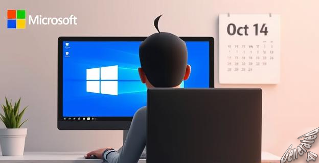 Una imagen de una persona frente a una computadora con una pantalla de Windows 10, con un calendario visible en el fondo marcando el 14 de octubre de 2025, y un logo de Microsoft en la esquina superior izquierda.