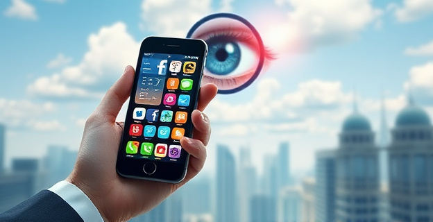 Una imagen conceptual de una mano sosteniendo un teléfono con múltiples redes sociales abiertas, mientras un ojo en el cielo observa a través de un catalejo. Al fondo, una ciudad futurista con edificios que representan instituciones financieras y gubernamentales.