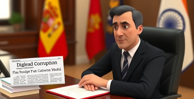 Un diplomático con traje y corbata sentado en un escritorio con papeles y un teléfono, con una expresión de preocupación en su rostro. Al fondo, una bandera de España y otra de la India. En una esquina, un recorte de periódico con el titular de un escándalo de corrupción.