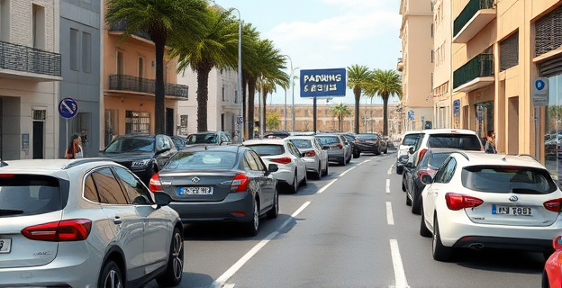Una imagen de una calle congestionada en Palma de Mallorca con coches aparcados en doble fila y ciudadanos caminando. Al fondo, un solar vacío con un letrero que anuncia la futura construcción de un aparcamiento. La escena refleja la falta de infraestructuras y la necesidad de aparcamientos en la ciudad.