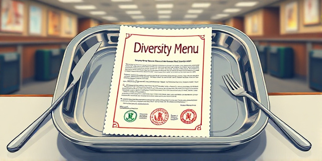 Una ilustración satírica de una bandeja de comedor escolar metálica. En lugar de comida, la bandeja contiene un documento oficial con sellos gubernamentales y un sello que dice 