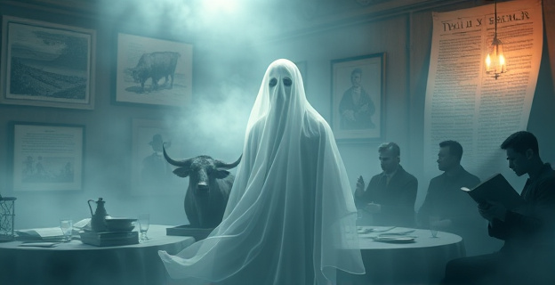 Una ilustración etérea que fusiona el pasado y el presente. En primer plano, la figura translúcida de un fantasma victoriano emitiendo un susurro nebuloso en forma de 