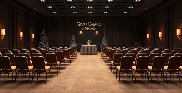 Una sala de reuniones vacía con sillas y mesas organizadas para una cena de Navidad, con un ambiente de tensión y sorpresa en el aire, y un letrero que dice 