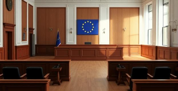 Imagen de una sala de justicia vacía con un estrado judicial y asientos para jueces o magistrados, con una bandera de la Unión Europea en el fondo