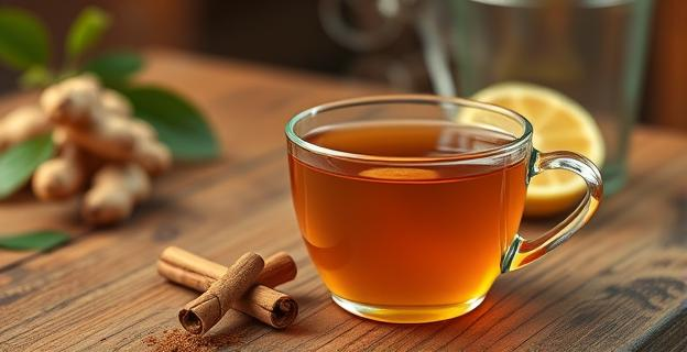 Una taza de infusión de canela con vapor subiendo, en una mesa de madera con una cucharadita de canela al lado y algunas rodajas de limón y jengibre en el fondo