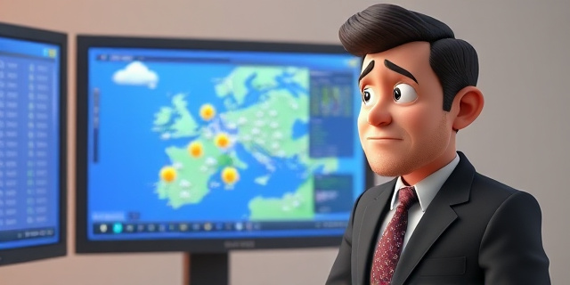Un hombre con traje y corbata, con una expresión de confusión, mirando un mapa del tiempo en una pantalla de computadora