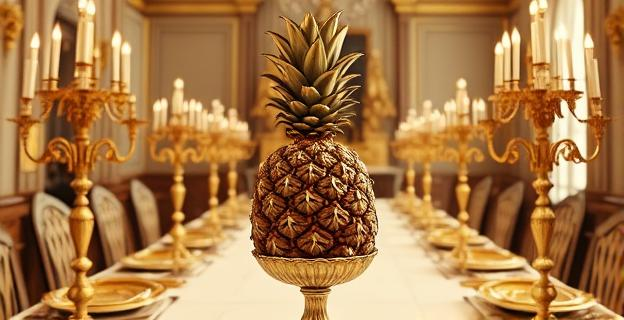 Una piña decorativa en un jarrón de lujo sobre una mesa de banquete en un palacio inglés del siglo XVII, con candelabros y vajilla de oro alrededor.