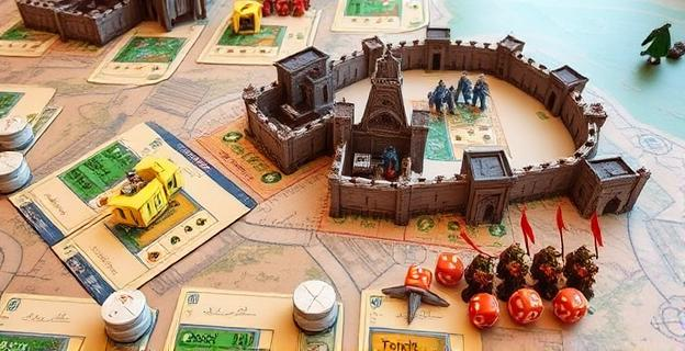 Tablero de juego de mesa con cartas y dados representando la defensa de una ciudad medieval amurallada contra tropas invasoras