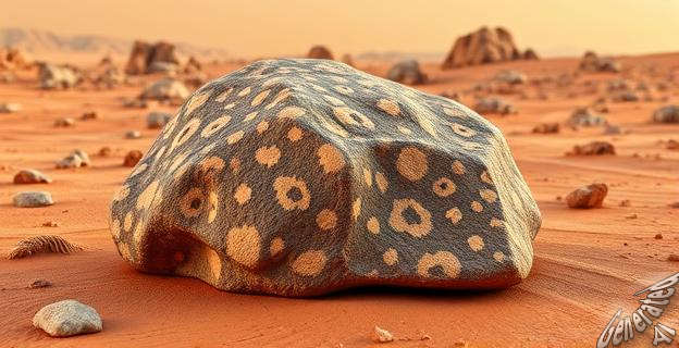 Ilustración de una roca con patrón de manchas de leopardo en Marte