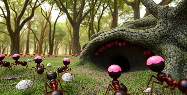Imagen de un bosque con robles y hormigas transportando agallas de roble con capuchones rosados. En el fondo, un nido de hormigas con cámaras subterráneas.
