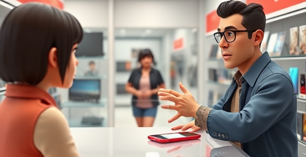 Una escena en una tienda de electrónica donde un cliente está discutiendo con un empleado detrás del mostrador, con un teléfono móvil sobre la superficie. Al fondo, una madre espera con una expresión de descontento. La atmósfera está tensa.