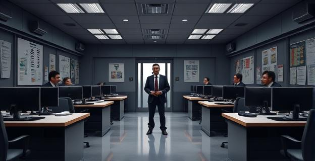 Imagen de una comisaría vacía y silenciosa con agentes desanimados en sus escritorios, mientras una figura en el centro, posiblemente Fernando Alonso, sonríe satisfecho en su despacho.