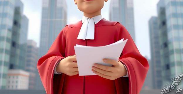 Un juez con toga y un montón de papeles en la mano, con un fondo de una ciudad con edificios de oficinas