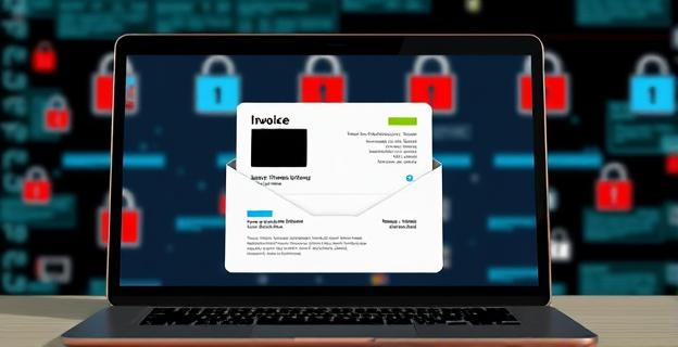 Imagen de una pantalla de ordenador mostrando un correo electrónico con una factura alterada y un fondo con símbolos de alerta de seguridad